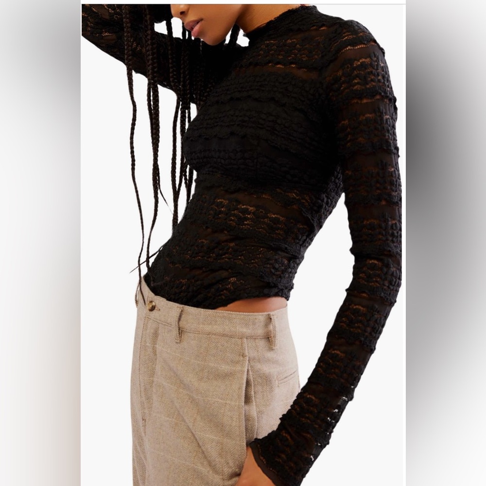 Free People Angelina Floral Lace Detail Bodysuit NWOT in Black Size XS
